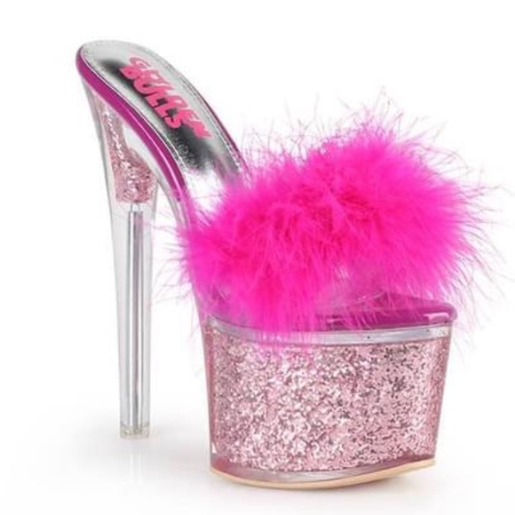Make Offer! Golden RuPaull Hot Pink Feather Glitter Platform Stiletto Heels - Picture 2 of 5